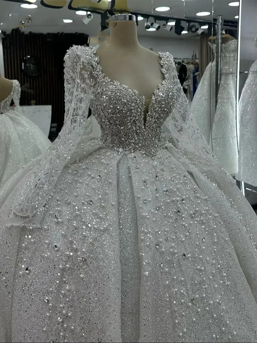 Customized Luxury Princess Wedding Dresses Sweetheart Neck Long Sleeves Vestido De Novia Lace Sequined  Bride Robe De Mariee