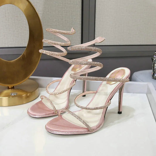 Lüks Kristal Yılan Sarmal Kadın Sandalet Stiletto Topuklu Kadın Yaz 2024 Açık Ayak Toe High Topuklu Düğün Ayakkabıları Lüks Pompalar