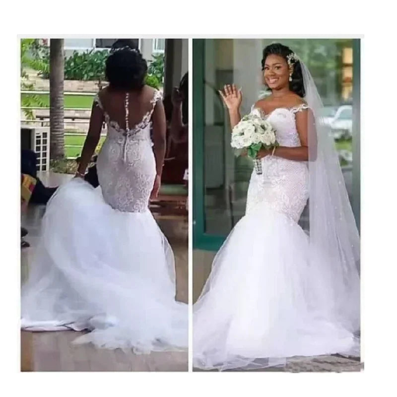 Customized Luxury Mermaid Plus Size Off Wedding Dresses Church Mermaid Wedding Gowns Tulle Lace Pearl Bride Dress
