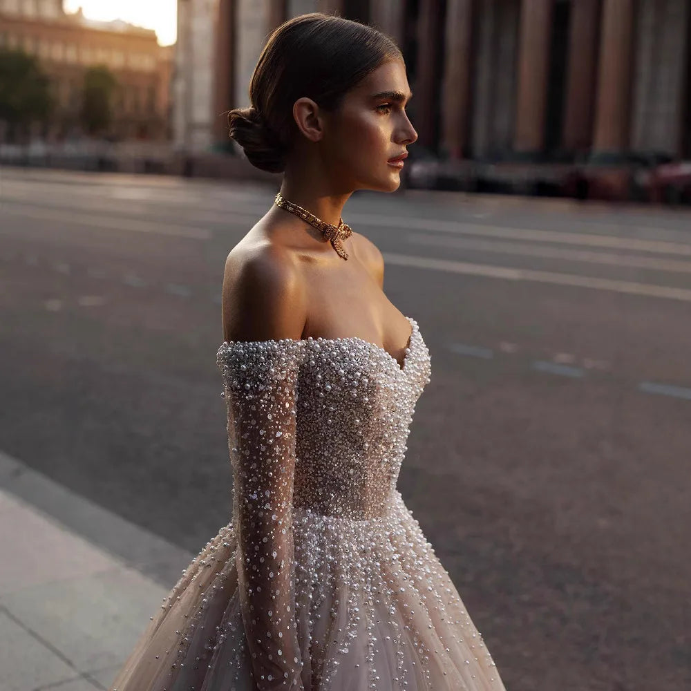 Luxury champagne off shoulder long sleeves pearls beads sweep train bridal gown wedding dress – Pollyanna Events