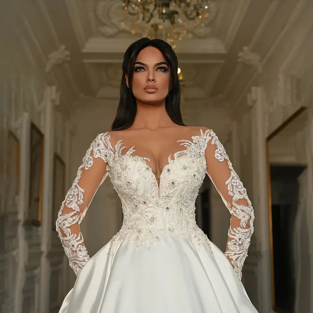 Customized Elegant Charming Wedding Dresses Sheer Neck Lace Applique Long Sleeves Satin A Line Bridal Gown Vestido De Novia