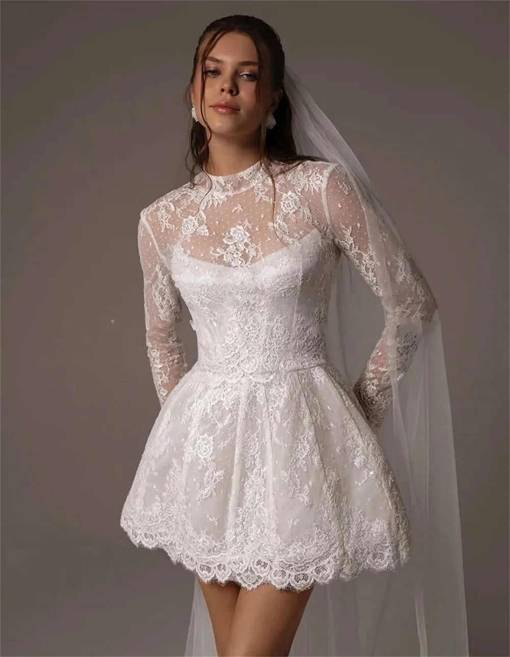 Elegant full lace mini high neck long sleeves lace up bridal party gown wedding dress – Pollyanna Events
