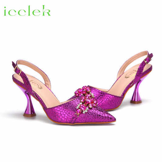 Magenta Sandals for Women 2024 Luxury Wedding Pumps High Heels Rhinestone Design Party Shoes and Bags Set for Wedding Party
