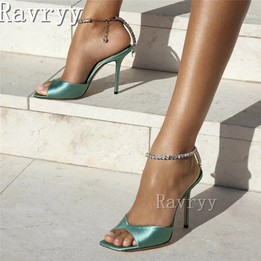 Square Open Toe Satin Sandals with Crystal Chain Women Thin High Heel Ankle Strap Shoes Luxury Party Wedding Bride Shoes