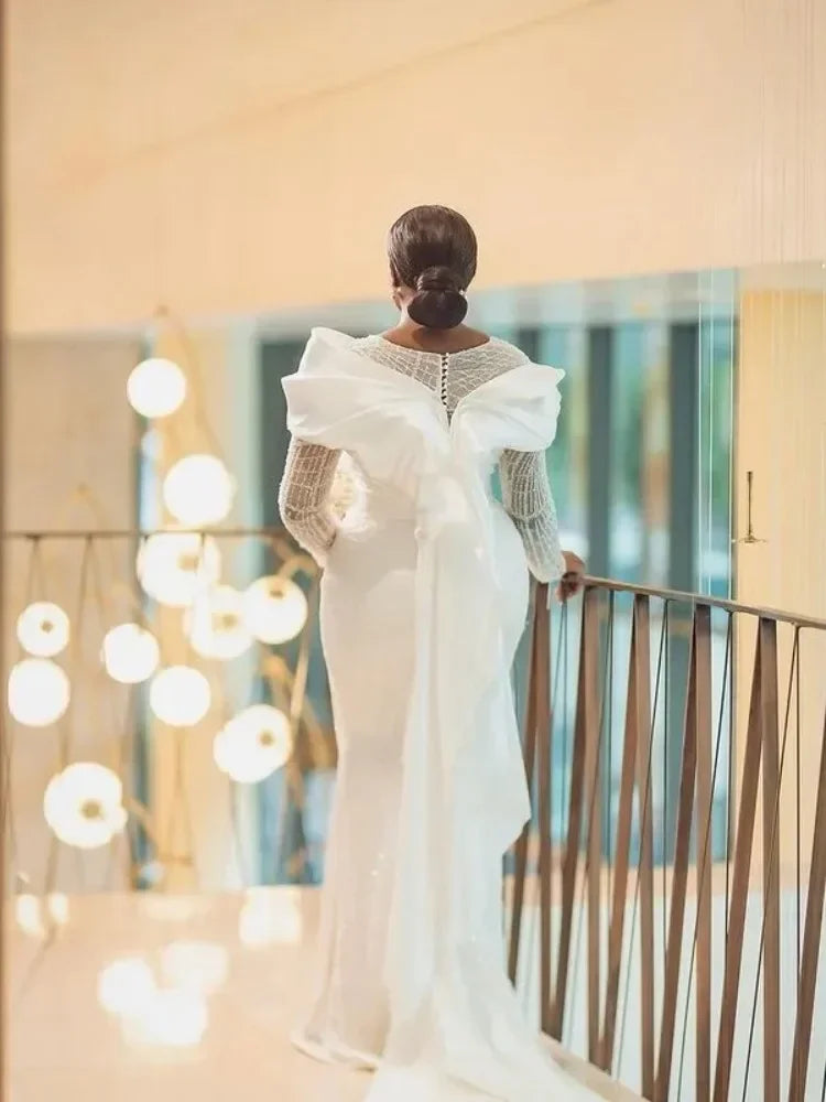 Customized African Mermaid Wedding Dresses Long Sleeves Lace Women Shiny Bridal Gowns For Black Girls Robe Vestido De Novia