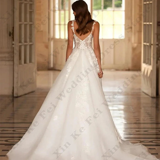Sweetheart Lace Applique Wedding Dresses Romantic Off Shoulder Sleeveless High Split Fluffy Princess Style Mopping Bride Gowns