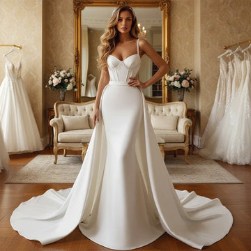 Luxury Satin Beaded Wedding Dress With Train Long V Neck Backless Bridal Party Gown For Women Vestidos Novia