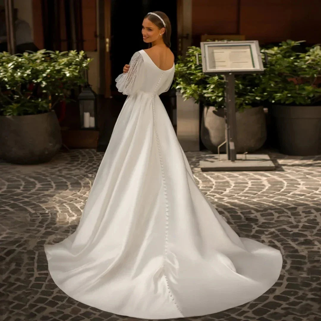 Romantic satin puffed sleeves V-neck beading lace A-line bridal gown wedding dress 2026 – Pollyanna Events