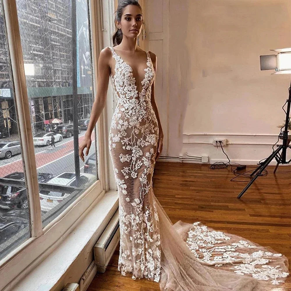 2026 Sexy Lace Mermaid Wedding Dress Plunging V-Neck Boho Backless Bridal Gown Custom Vestido De Noiva vestido de noiva