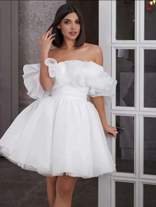 Witte mini korte trouwjurken voor vrouwen 2024 Bruid Een lijn trouwjurken van de schouderboordranden mouwloze bruidsjurk