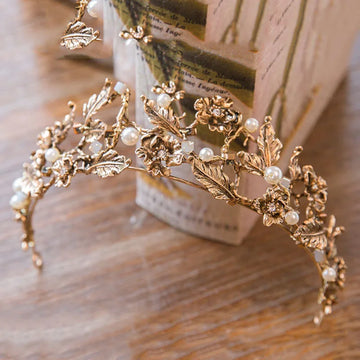 Vintage Baroque Gold Color Pearl Leaf Bridal Tiaras Crystal Crown Hairbands Vine Tiara Wedding Hair Accessories Bride Headband