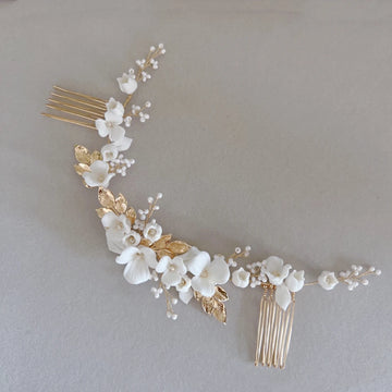 Gold Silver Color Headpiece Headband Hair Comb Pin Clip For Brides Porcelain Flower Hairpin Wedding Accessories Bridal Jewelry