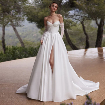Luxury Strapless Satin Wedding Dresses With Slit Detachable Sleeve Lace Ball Gown With Train Long Bridal Party Gown For Bride