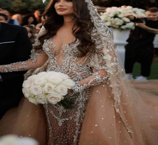 Sexy Deep V-neck Lace Beadings Wedding Dress Illusion Mermaid Floor-length Bridal Gown Luxury Vestidos De Novia