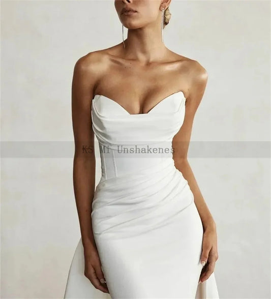 Chic White Satin Wedding Dresses Mermaid Strapless Cheap Bride Dress 2024 Long Train Church Wedding Gowns Pleats Boda