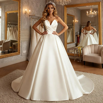 Elegant Satin V Neck Wedding Dress With Bow Vestidos Novia Long Pleated Ball Gown With Pocket A Line Backless Bridal Party Gown
