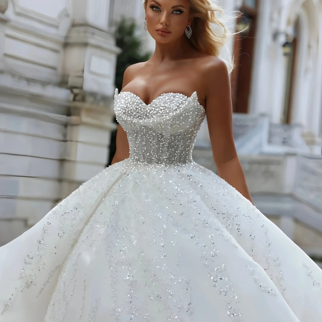 Sparkly sequins pearls sweetheart beads puffy bridal gown Arabic Dubai wedding dress 2026 – Pollyanna Events