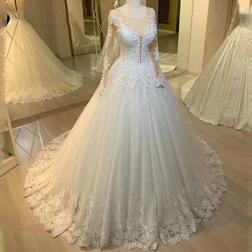 Customized Luxury  Long Sleeves Ball Gown Wedding Dresses Scoop Neck Lace Applique Pearls Long Bridal Gown Vestido De Novia