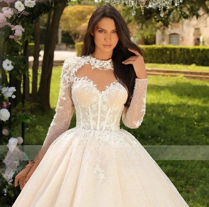 Luxury Lace Ball Gown Wedding Dresses For Woman Elegant Long Puff Sleeve Embroidery O Neck Bride Gown Open Back Sweep Train