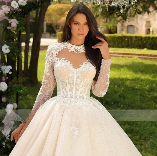 Luxury Lace Ball Gown Wedding Dresses For Woman 2024 Elegant Long Puff Sleeve Embroidery O Neck Bride Gown Open Back Sweep Train