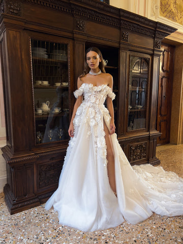 Lace Applique Wedding Dresses A-Line Sexy Mermaid Off The Shoulder Sleeveless High Slit Simple Mopping Bride Gowns Custom Made