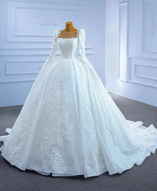 A Line فستان زفاف دانتيل بأكمام كاملة لؤلؤ مطرز بطول الأرض ذيل محكمة فيستدو دي نوفيا فساتين الزفاف