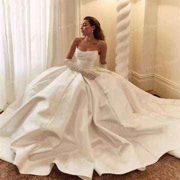 Simple Satin Bridal Gowns A-Line Pleated Princess Prom Wedding Dresses Formal Beach Party Vestidos Para Mujer 2024 No Gloves