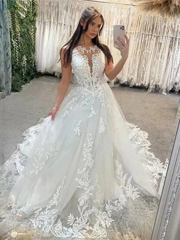 Lace Wedding Dresses A Line Appliqued Lace Bride Dress Elegant Appliques Scoop Neck Modest Bride Wedding Gowns 2024