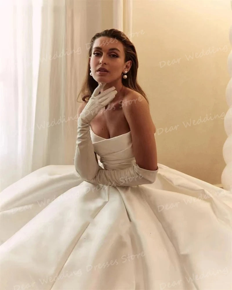 Simple Satin Bridal Gowns A-Line Pleated Princess Prom Wedding Dresses Formal Beach Party Vestidos Para Mujer No Gloves