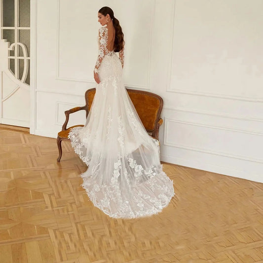 Robe de mariée romantique pour la mariée manches longues sexy robes de mariée arrière sans arrière