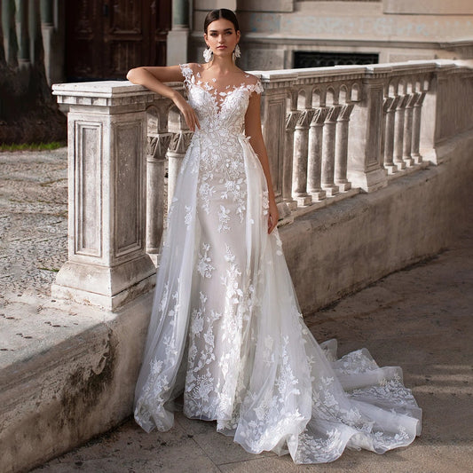 Vestidos de novia de manga de tapa de cuello romántico 2024 hermosas apliques tren desmontable princesa vestida de novia