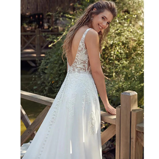 Morden kanten tule trouwjurk v nek mouwloze lond jurken voor vrouw pleit court trein elegante knop open back vestidos