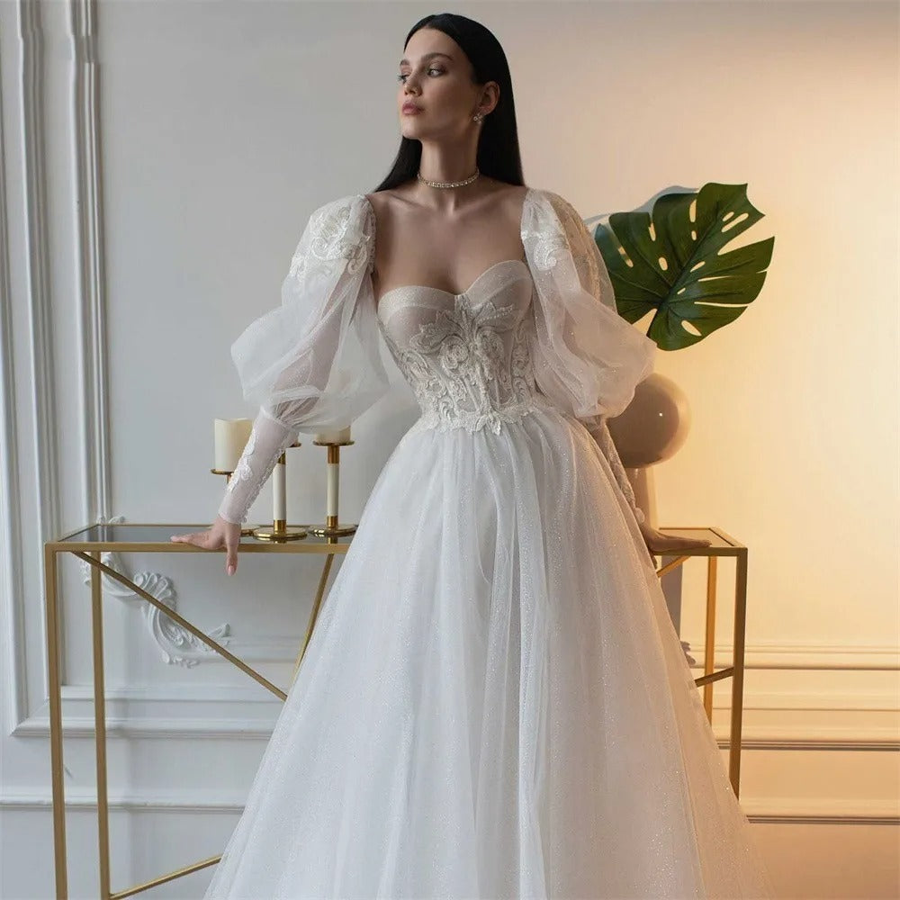 Sexy Sweetheart Neck A-Line Wedding Dresses Long Puff Sleeves Bride Robe Sexy Backless Bridal Gown Appliques Vestidos De Noiva