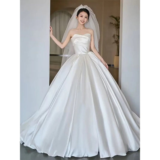 New Arrivals Strapless Neck Zip Up Back Beading Satin Ball Gown Wedding Dress With 100cm Chapel Train Robe De Mariée