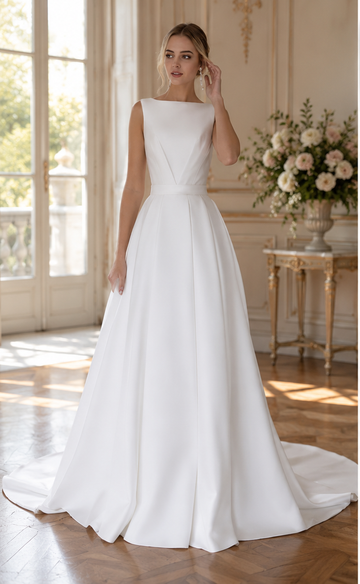 Elegant Wedding Dress Boat Neck Lace Appliques Sleevesless Illusion Back A-Line Satin Bride Gown Bridal Dress vestidos de novia