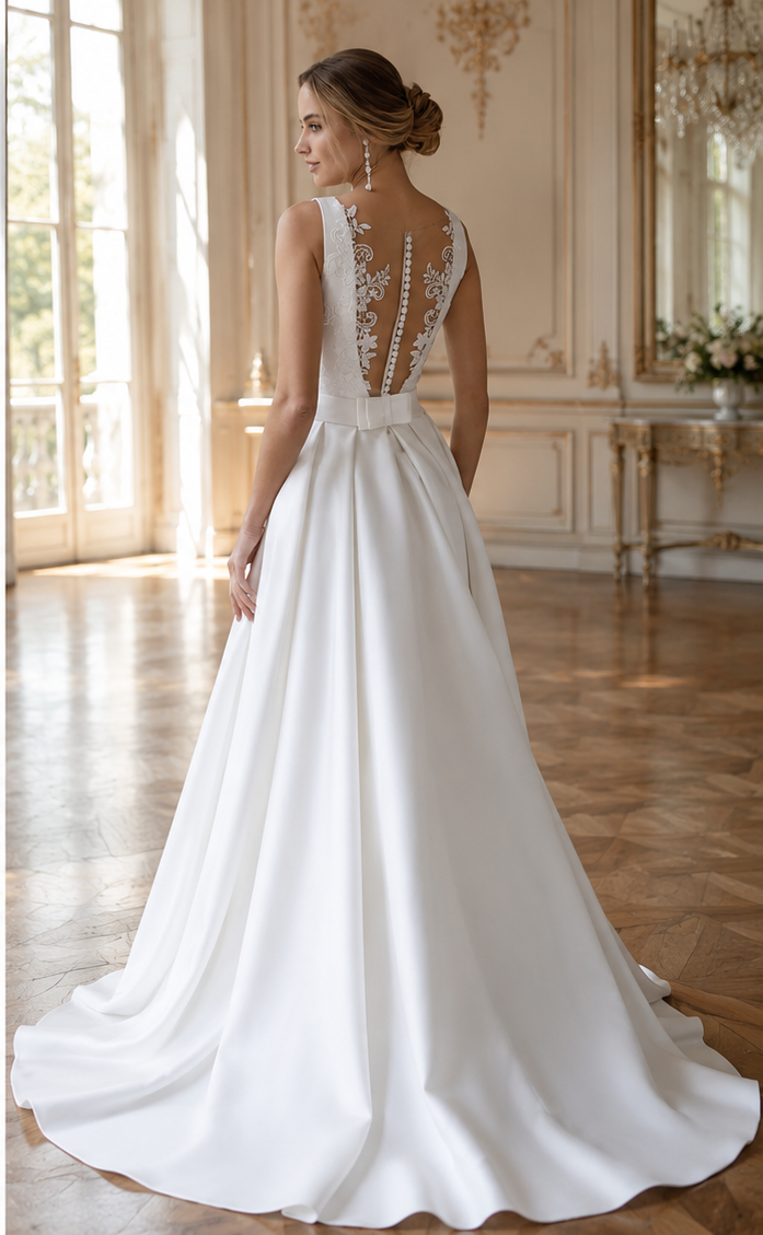 Elegant Wedding Dress Boat Neck Lace Appliques Sleevesless Illusion Back A-Line Satin Bride Gown Bridal Dress vestidos de novia