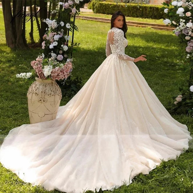 Luxury Lace Ball Gown Wedding Dresses For Woman 2024 Elegant Long Puff Sleeve Embroidery O Neck Bride Gown Open Back Sweep Train